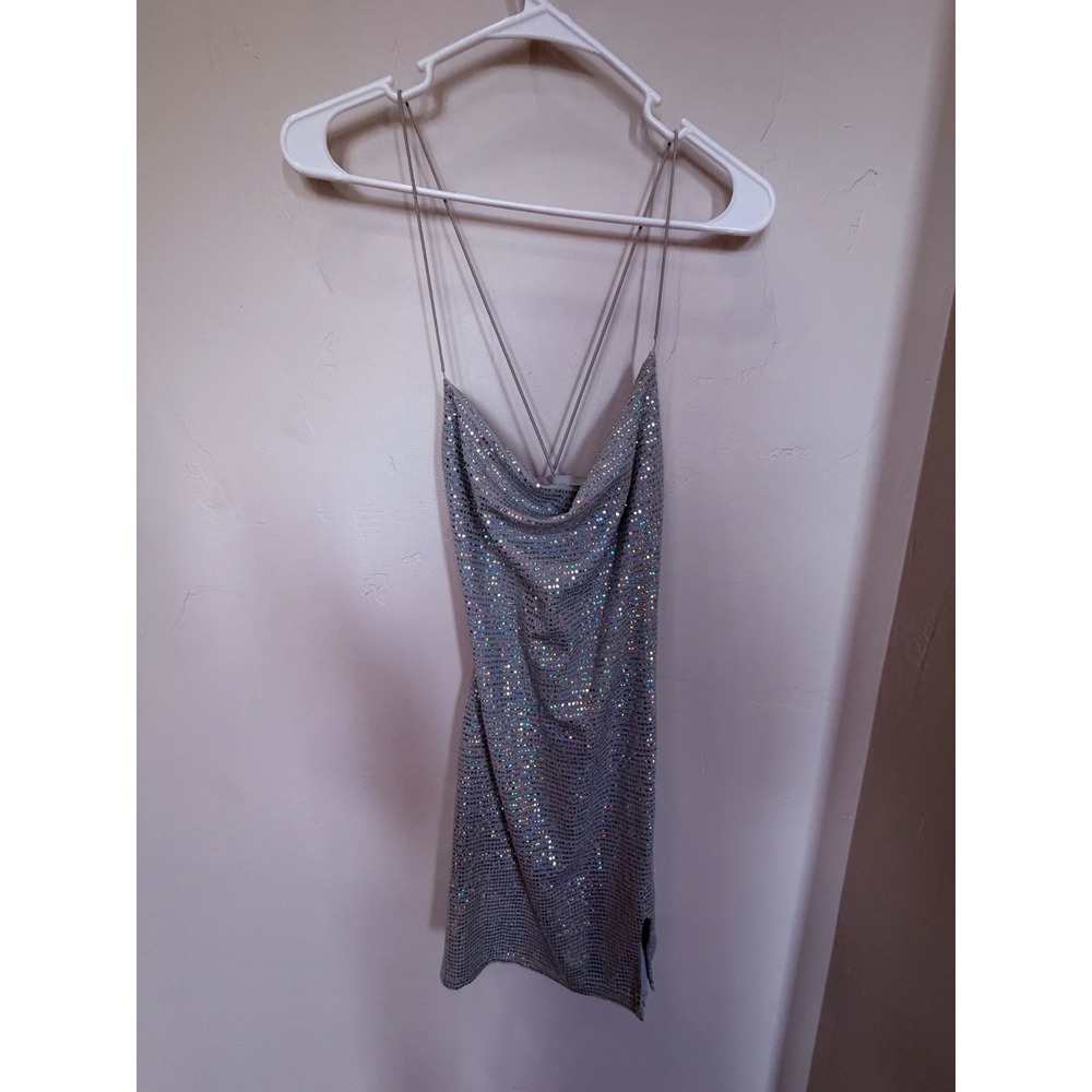 City Studio Silver Holographic Sequin Cowl Neck Mini Dress XS Backless Party
